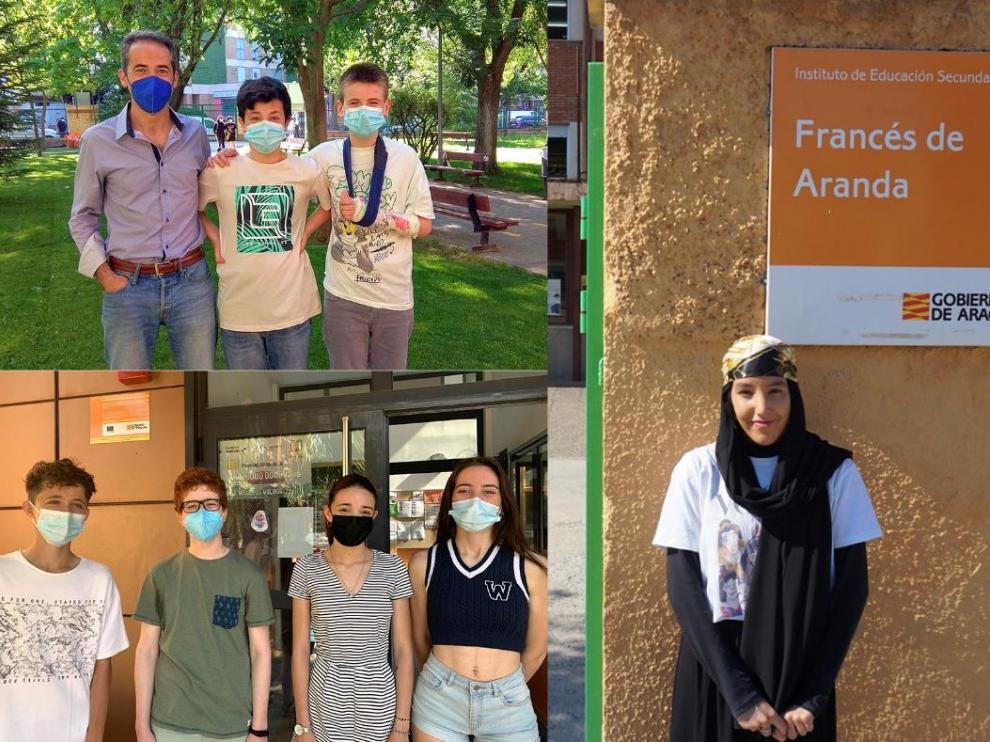 Autores de los primeros premios del Concurso Diviértete con la Estadística. Arriba a la izquierda: Acher Aguado y Julio Meijide, de 1º ESO,
con su tutor Antonio Blázquez, en el IES Sierra de Guara de Huesca. Abajo a la izquierda: David Huerga, María Muñoz, Juan Sánz y África Soler, de 1º de Bachillerato del IES Miguel de Molinos de Zaragoza. A la derecha, Souad Smaali, alumna de 4ª ESO del IES Francés de Aranda de Teruel