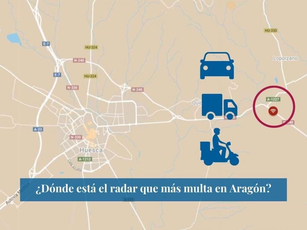 Mapa con el radar de Huesca que más multa en Aragón.