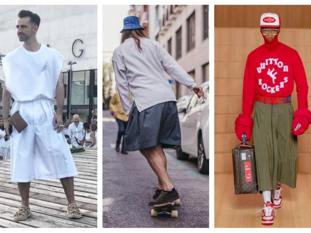 Tres estilos de falda para hombre: Alberto Fatás, un modelo de Daves y otros de Virgil Abloh para Vuitton.
