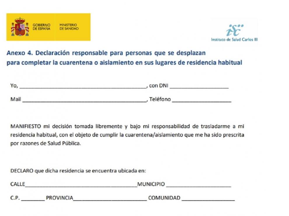 Declaración responsable para personas que se desplacen para completar la cuarentena en lugares de residencia habitual.