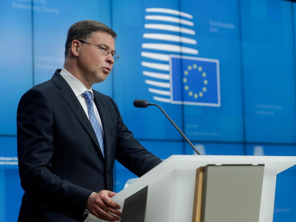 El vicepresidente de la Comisión Europea, Valdis Dombrovskis, tras la última reunión del Ecofin.