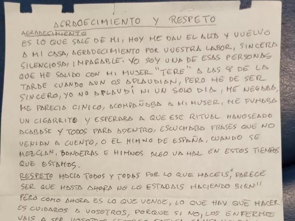 Carta del paciente de la Unidad de Neumología del Hospital Miguel Servet de Zaragoza.