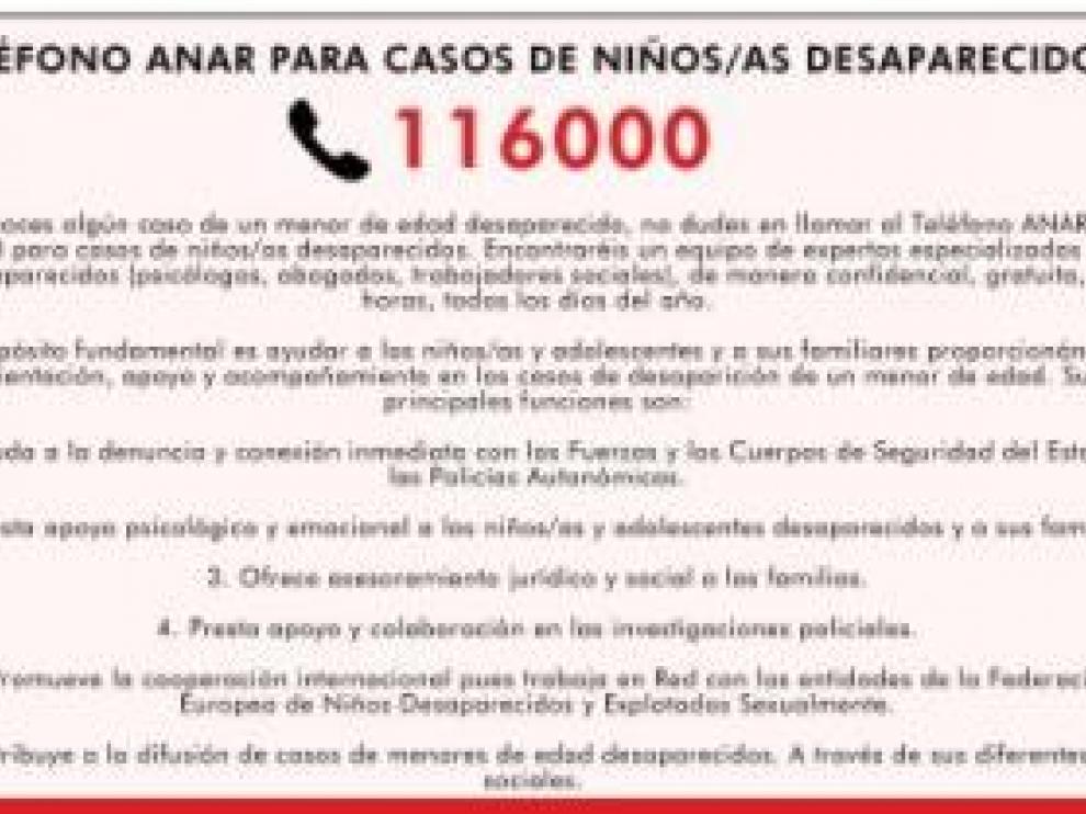 Teléfono al que se puede llamar en caso de desapariciones de menores.