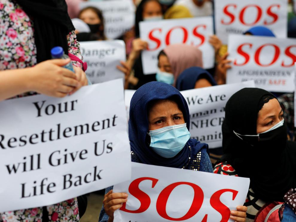 Manifestación de refugiados afganos en Yakarta, Indonesia.
