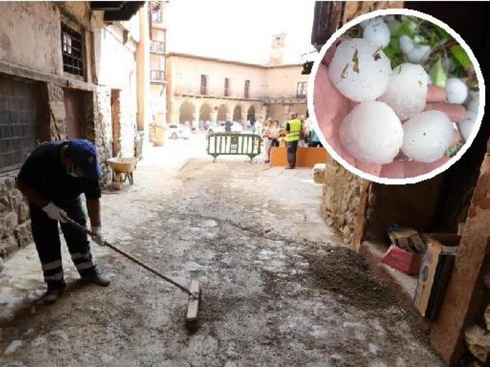 Operarios del Ayuntamiento de Albarración retiran barro de las calles que dejó la tormenta. Al lado, tamaño del granizo caído en Villel