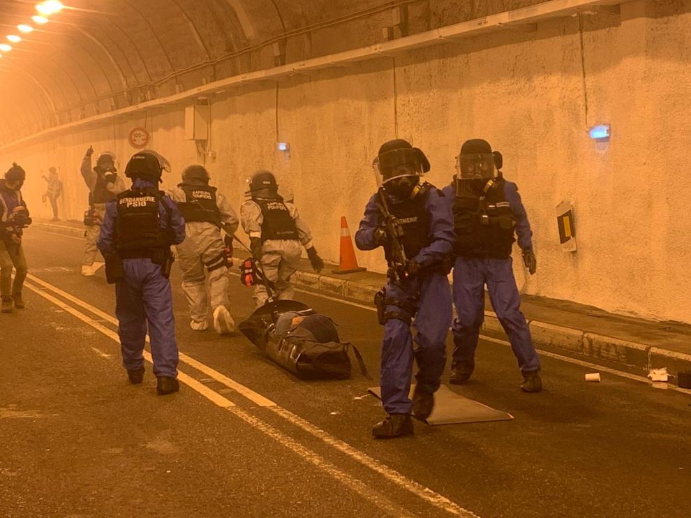 Simulacro de ataque terrorista realizado en el túnel de Bielsa por cuerpos de seguridad y emergencias de España y Francia.