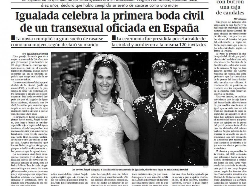Así recogió HERALDO la noticia del enlace matrimonial en su edición del 10 de septiembre de 2001