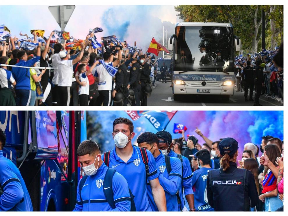 Ambiente de aficionados del Real Zaragoza y la SD Huesca