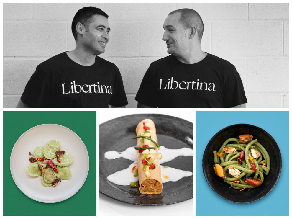 Francisco Gil y Luis Martínez con algunas de sus creaciones: soles con borraja rellenos de cala-baza, shiitake y ajo tierno; canelón de pollo al chilindrón; y udones con borraja.