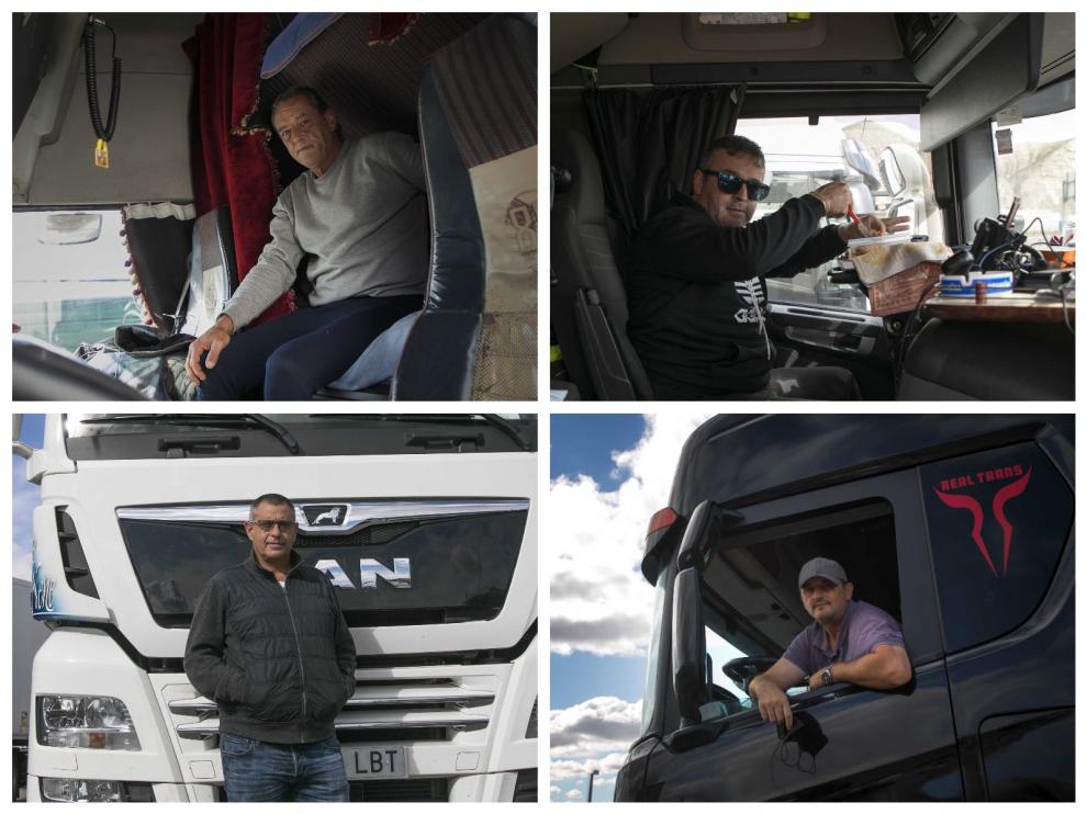 Antonio Tobal, Micael Silva, Ricardo García y Ioan Precup, camioneros de paso en Zaragoza.