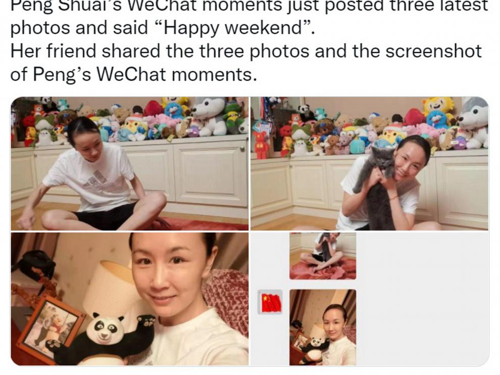 Las fotos sin verificar de la tenista Peng Shuai que un periodista chino ha publicado en Twitter.