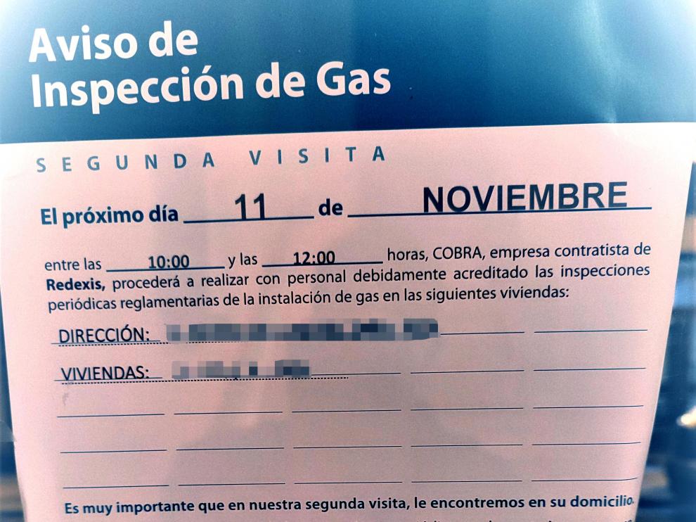 Nota de aviso de la inspección de gas.