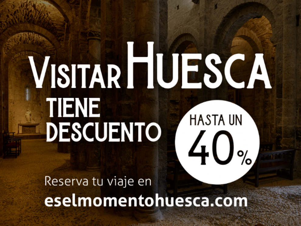 Cartel de la campaña 'Es el momento Huesca' con bonos para viajar a la provincia con descuentos de hasta 150 euros.