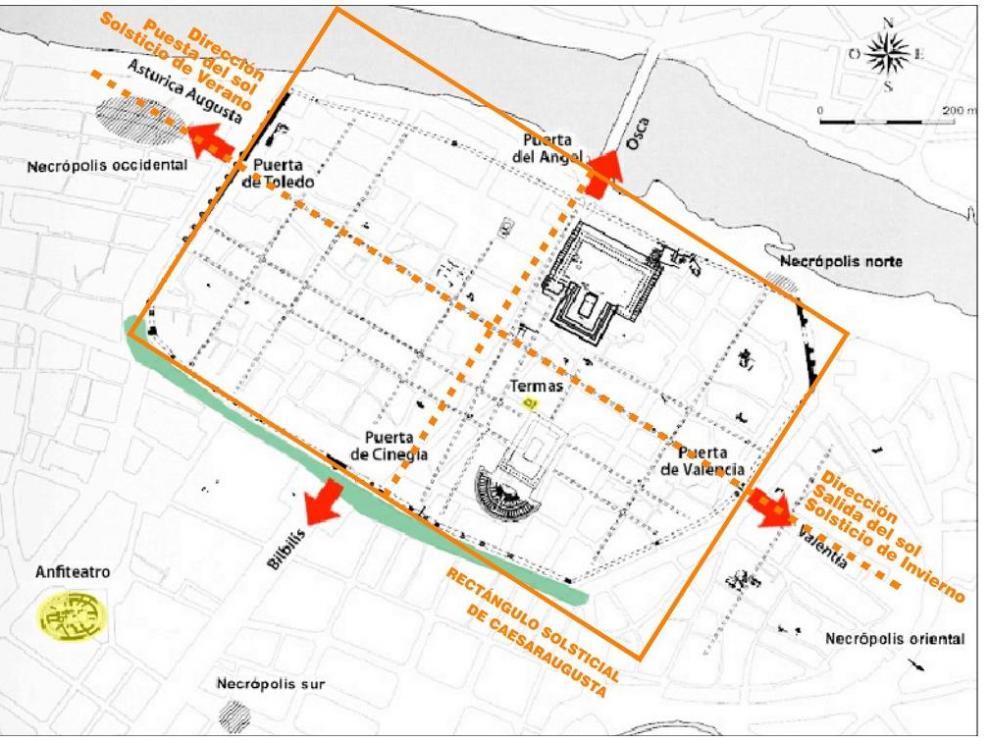 Plano de la Zaragoza romana con indicaciones sobre su orientación.