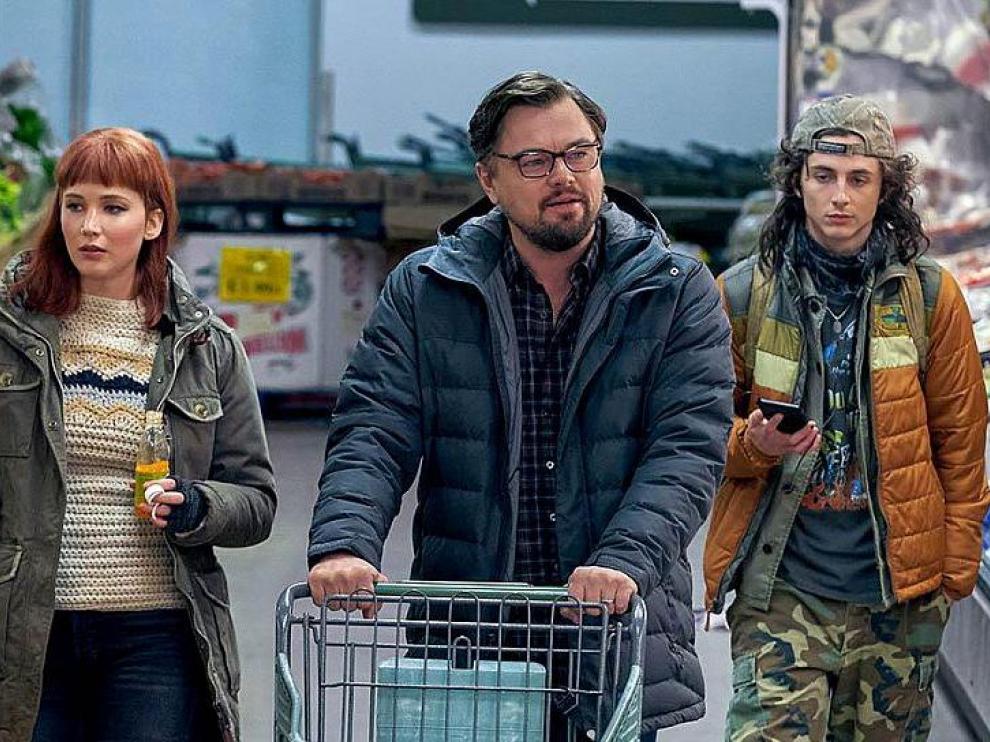 Jennifer Lawrence, Leonardo DiCaprio y Thimotée Chalamet, tres de los protagonistas de 'No mires arriba'.