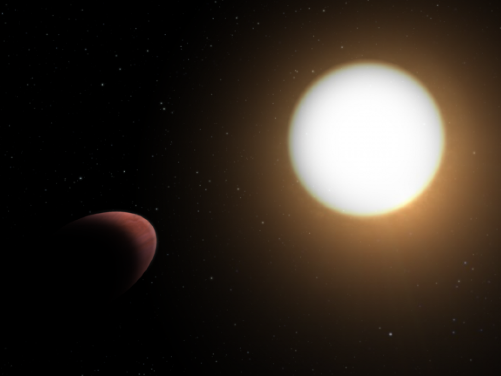 Ilustración del planeta WASP-103b deformado por las potentes fuerzas de marea de su estrella anfitriona.