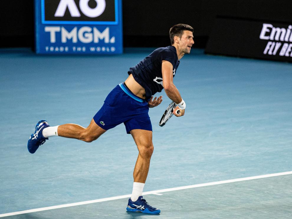 Serbian tennis player Novak Djokovic practices at Melbourne Park