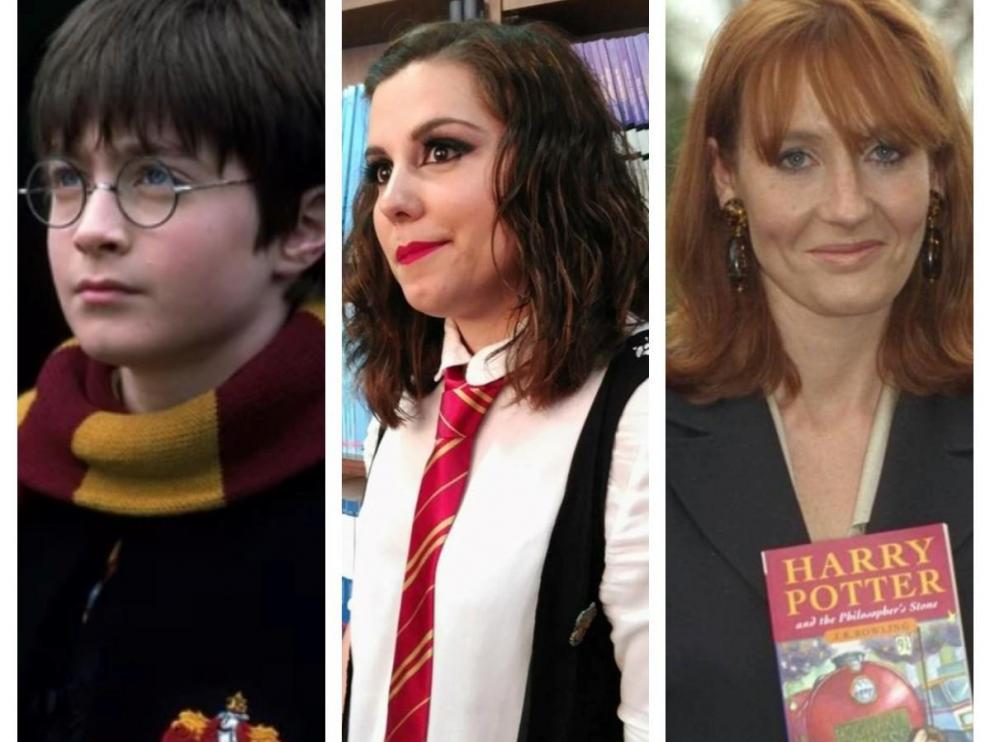 El pequeño Harry Potter, la librera Irene Berberana y la autora JK Rowling.