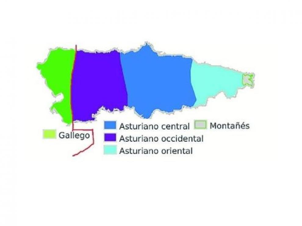 Situación lingüística de Asturias: en occidente se habla gallego y en el resto del territorio, variedades dialectales del asturiano.