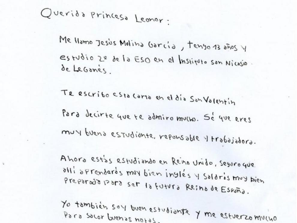 La carta de Jesús Molina, un niño de 13 años con autismo, dirigida a la princesa Leonor.