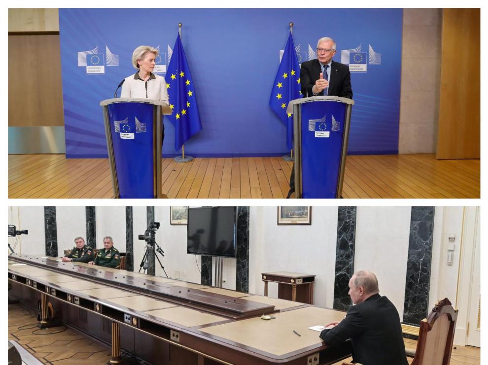 Ursula von der Leyen y Josep Borrell (arriba) y Vladimir Putin (abajo)