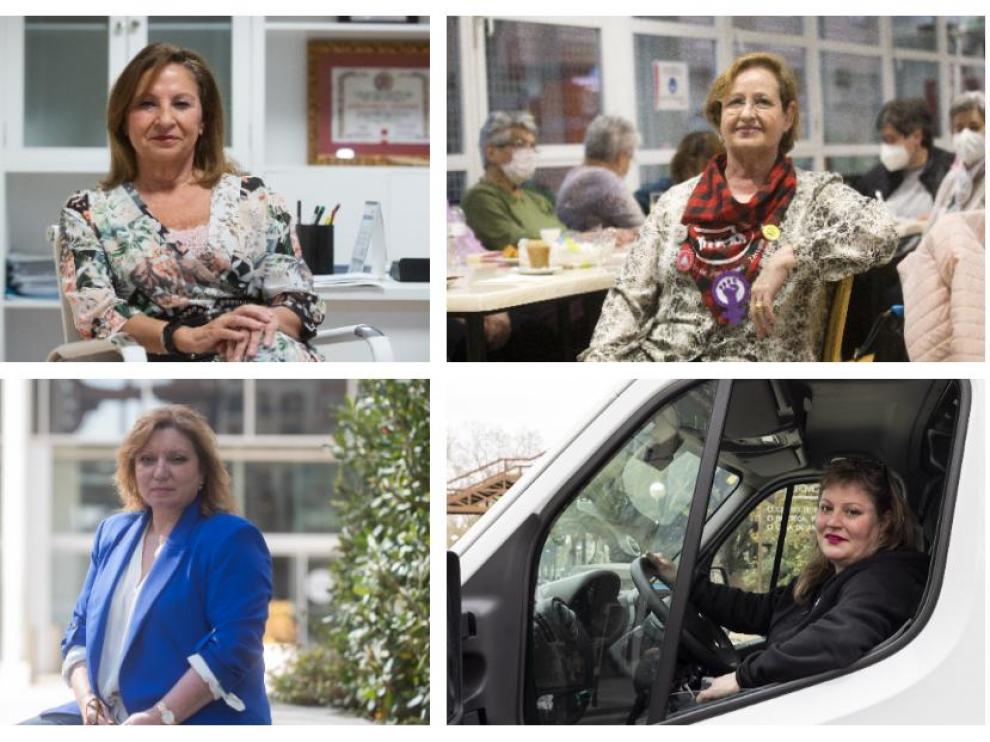 Teresa Tolosana, presidenta del Colegio de Enfermería de Zaragoza; Marisa González, pensionista y miembro de Coespe; Marisa Claver, ingeniera y Montse González, repartidora.