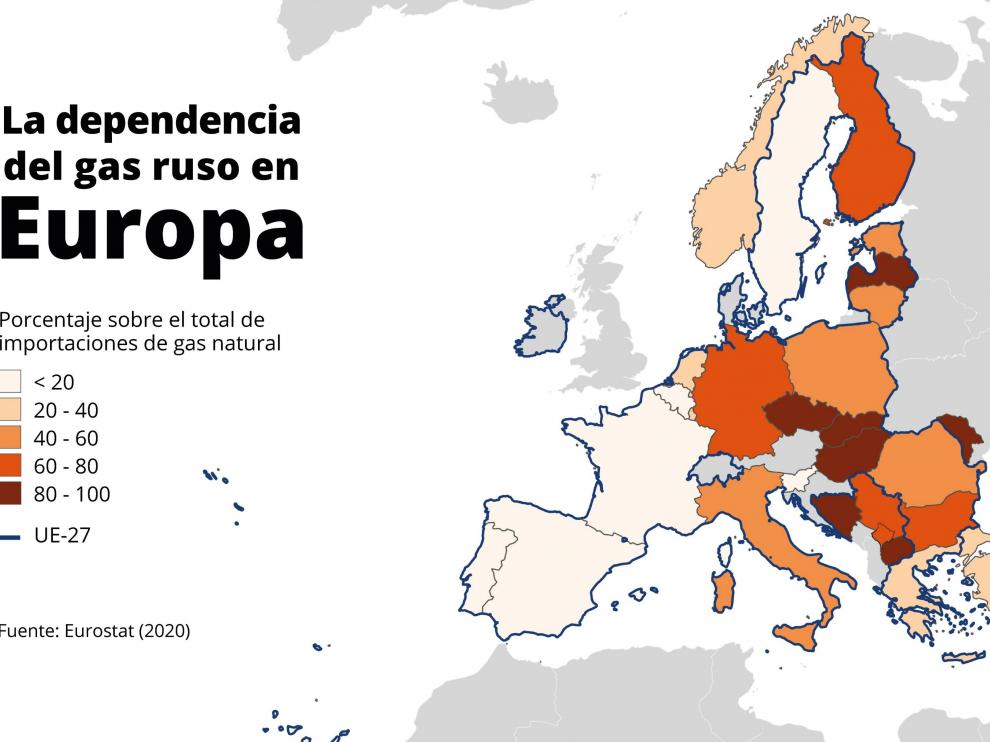 Mapa que representa el porcentaje que representaron las exportaciones de gas ruso al total de cada país europeo en 2020