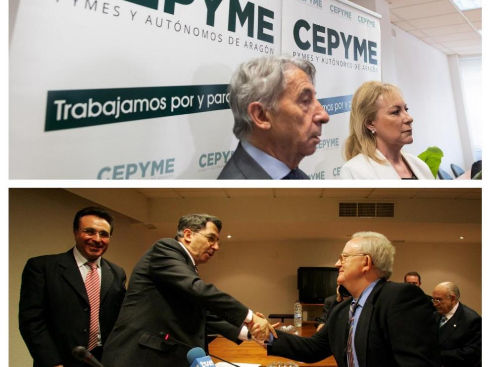 Arriba, López de Hita y María Jesús Lorente, esta semana. Abajo, saluda a Fernando Machín al relevarle en la presidencia de Cepyme en 2005.