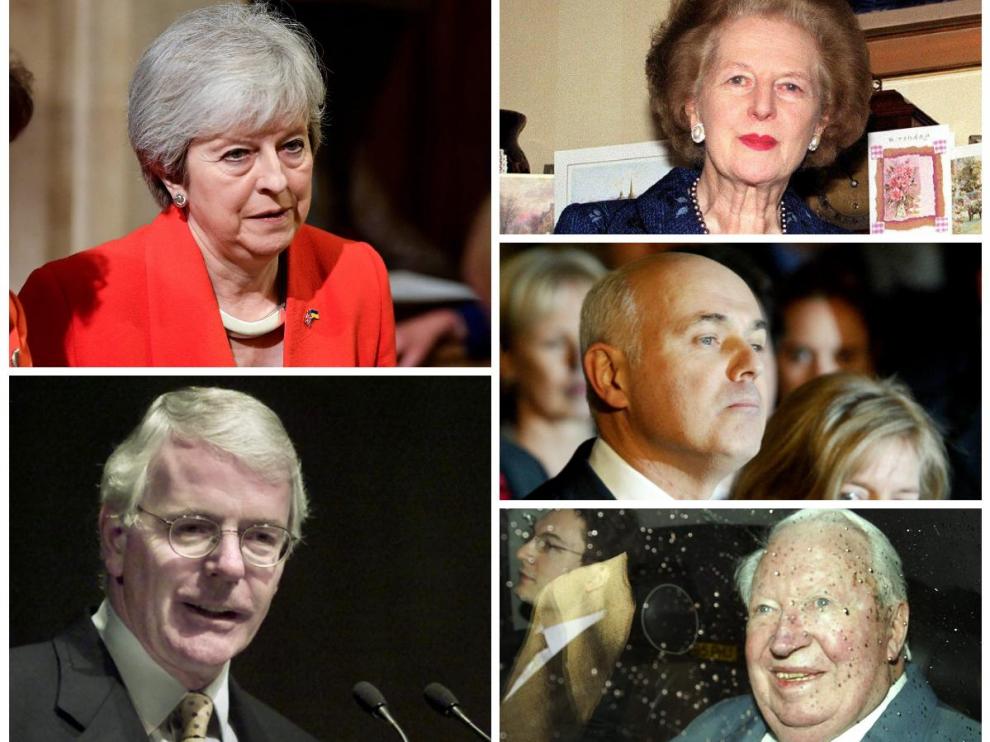Izquierda, Theresa May y John Major. Derecha, Margaret Thatcher, Iain Duncan Smith y Edward Heath.