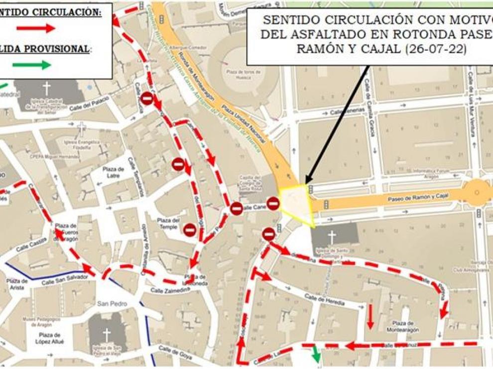 Cambios de circulación por el asfaltado de la nueva rotonda de Ramón y Cajal en Huesca.