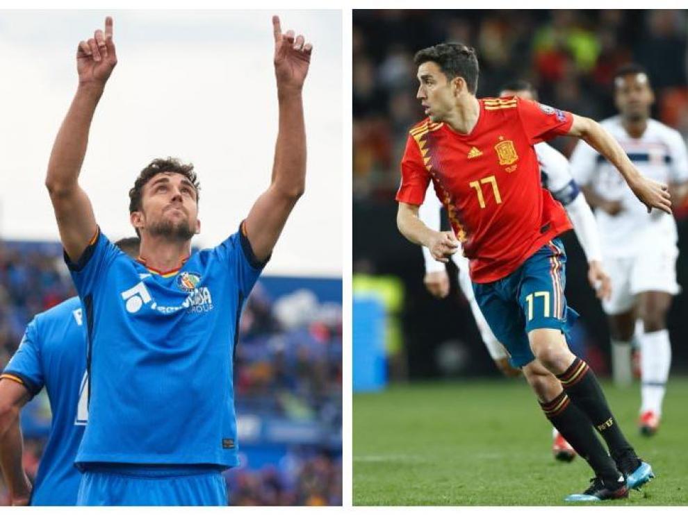 Jorge Mata, a la izda. celebrando un gol con el Getafe; y a la derecha en su debut con la selección de España ante Noruega en marzo de 2019.