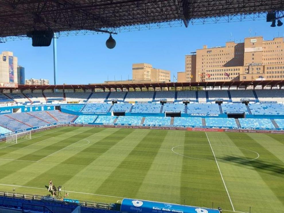 La Romareda, dos horas antes del primer partido de liga del Real Zaragoza en este curso 22-23, este sábado ante el Levante.