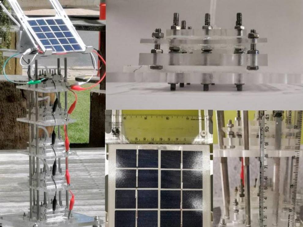 Los investigadores de la Universidad de Melbourne han desarrollado un prototipo con cinco electrolizadores de aire directo (DAE, detallados en la imagen) que permiten obtener hidrógeno y oxígeno del agua del aire.