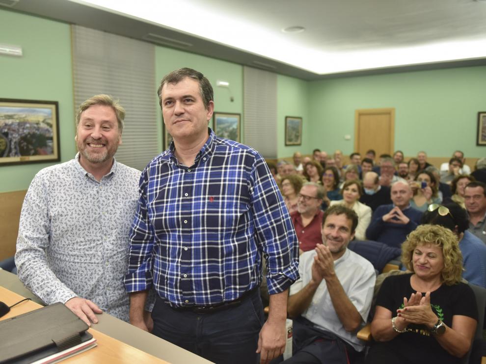 José Luis Soro y Joaquín Palacín, en la reunión del Comité Nazional de CHA que ha proclamado al primero de ellos como candidato a la presidencia de Aragón en 2023.