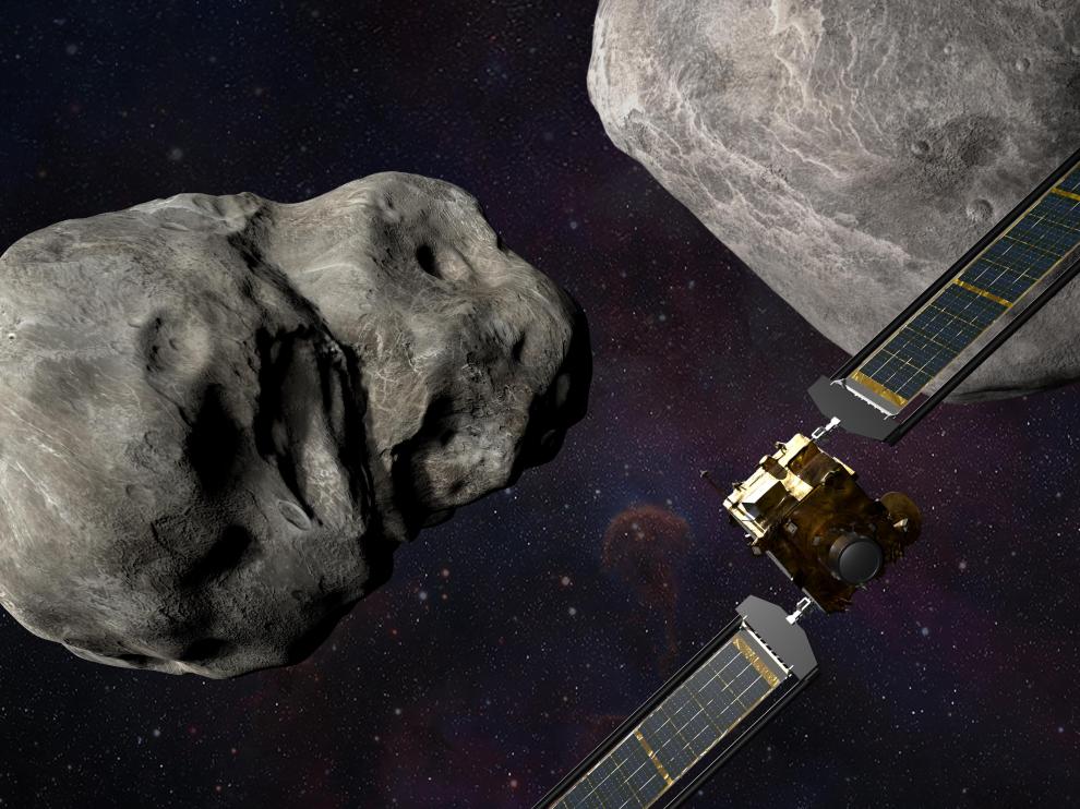 Recreación artística de la misión DART frente a los asteroides Dimorphos y Dydimos.