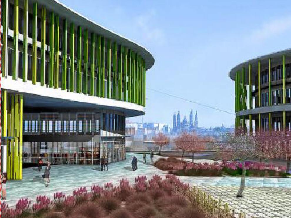 Recreación del parque empresarial, que estrenará fachadas de cristal con lamas y amplias zonas verdes.