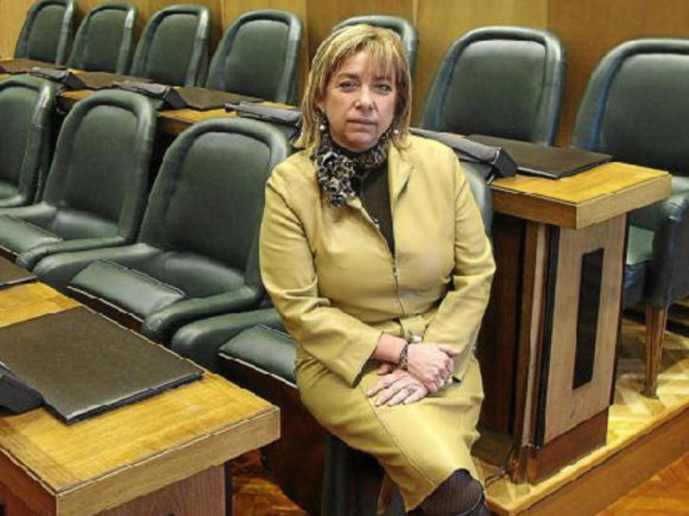 Dolores Serrat, frente a la bancada que ocupa el PP en el salón de plenos del Ayuntamiento de Zaragoza.