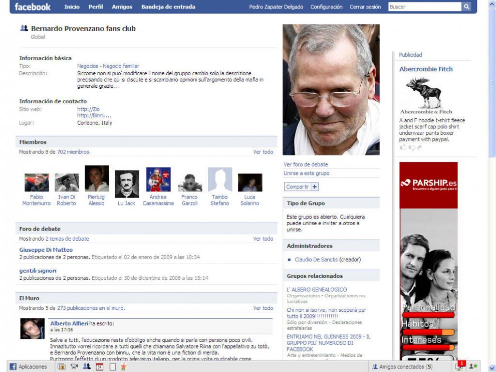 Imagen de la web de facebook dedicada al club de fans de Bernardo Provenzano.