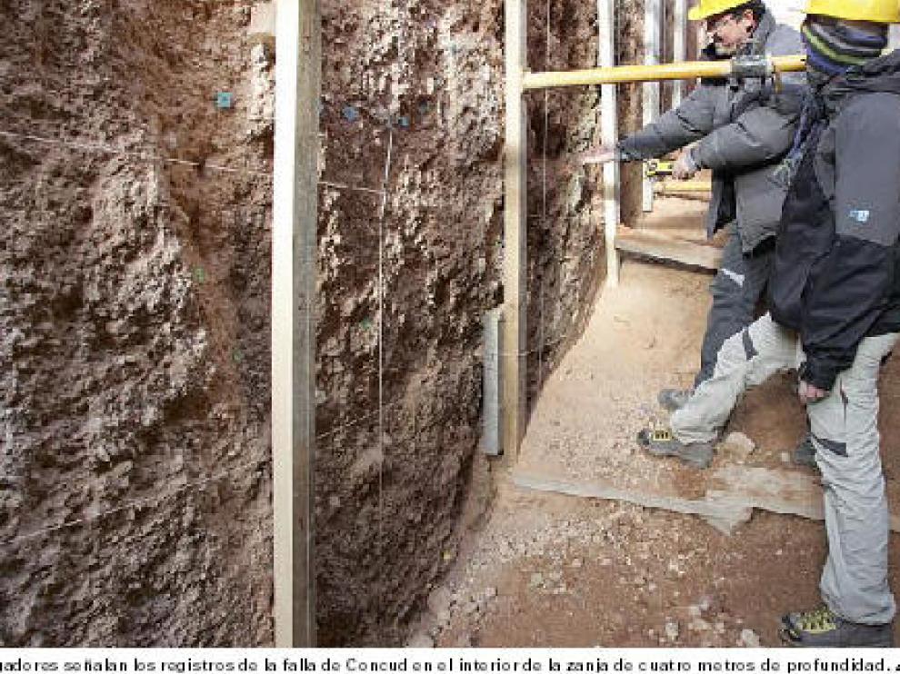 Los investigadores señalan los registros de la falla de Concud en el interior de la zanja de cuatro metros de profundidad.