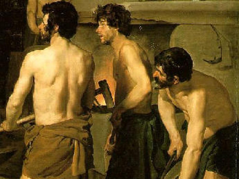 Hombres musculosos en "La fragua de Vulcano", de Velázquez