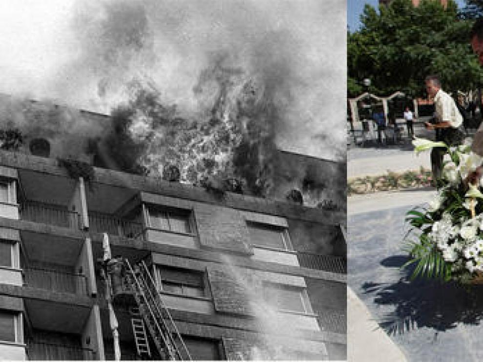 Combo de imágenes del incendio y de la ofrenda floral homenaje 30 años después