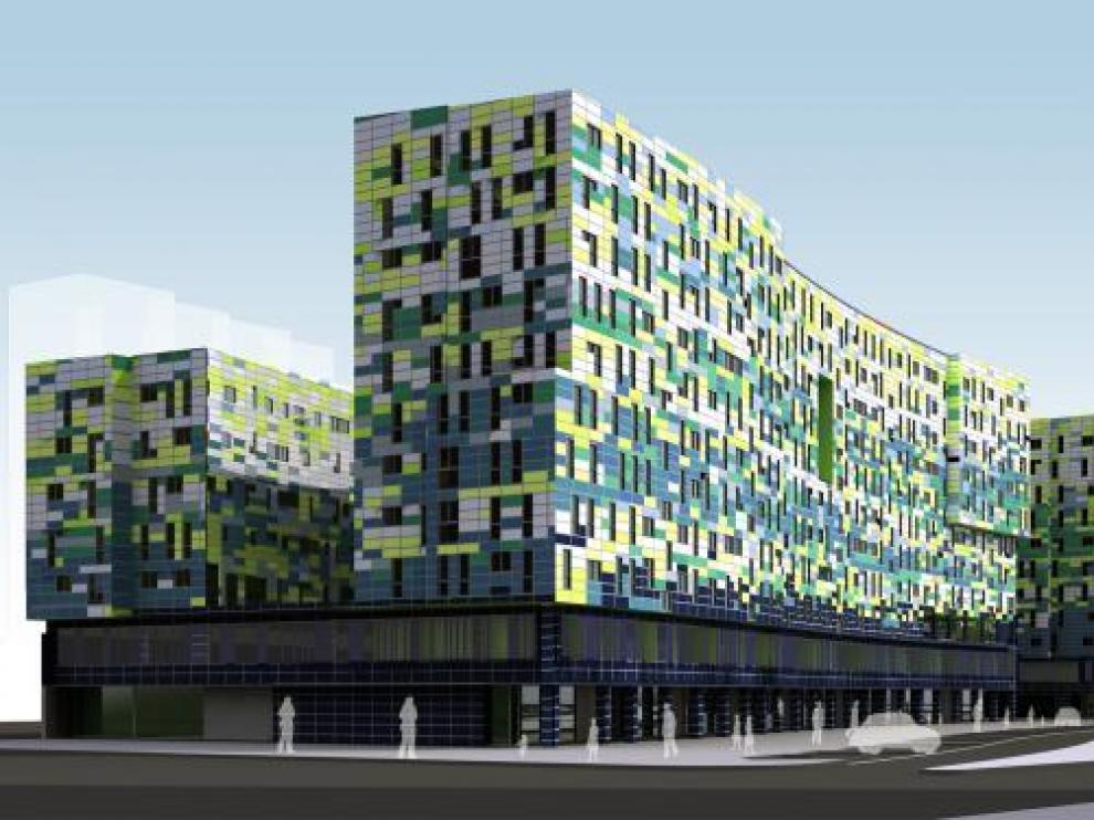 Recreación del edificio, cuya fachada se compondrá de paneles de aluminio de distintos colores.