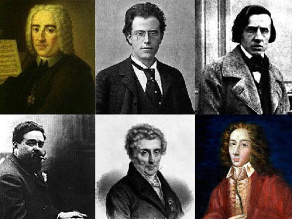 Arriba, de izquierda a derecha, retratos de Alessandro Scarlatti (1660-1725), Gustav Mahler (1860-1911) y Frederick Chopin (1810-1849). Sobre estas líneas, Isaac Albéniz (1860-1909), Luigi Cherubini (1760-1842) y Giovanni Battist