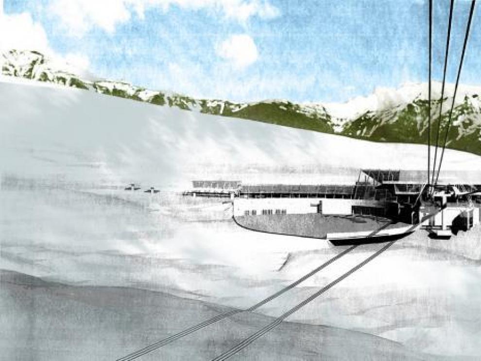 Recreación coloreada por HERALDO del edificio de servicios del frente de nieve de Castanesa