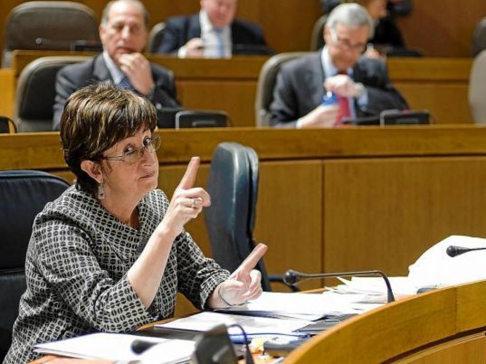 La consejera de Salud y Consumo gesticula ayer desde su escaño en las Cortes