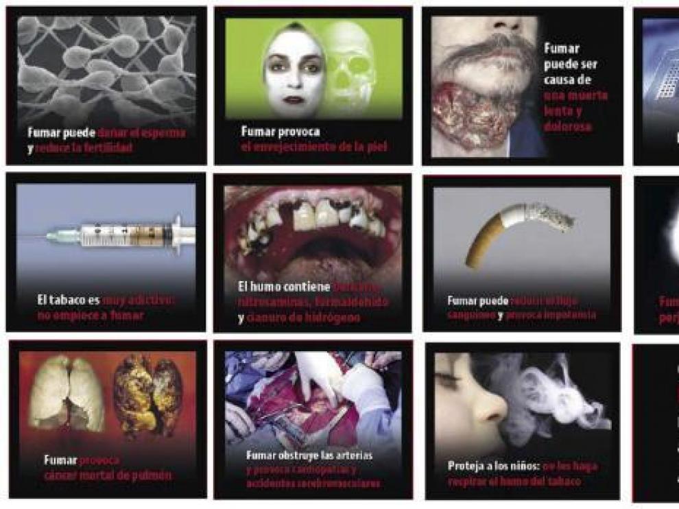 Algunas de las imágenes con mensaje que pueden verse en las cajetillas de tabaco.