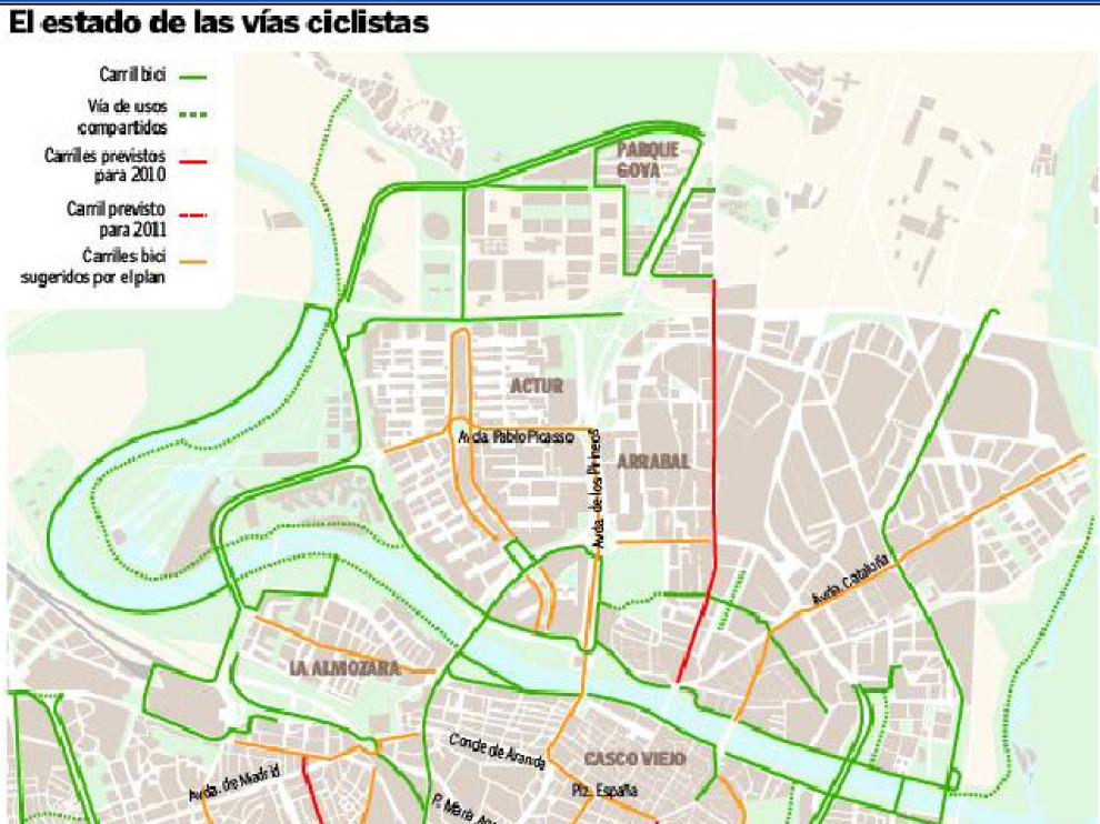 Mapa con los actuales y futuros carriles bici.