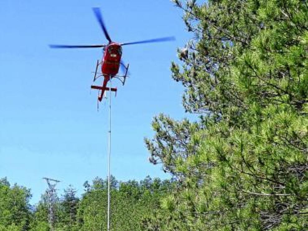 El helicóptero lleva una sierra acoplada que poda los árboles.