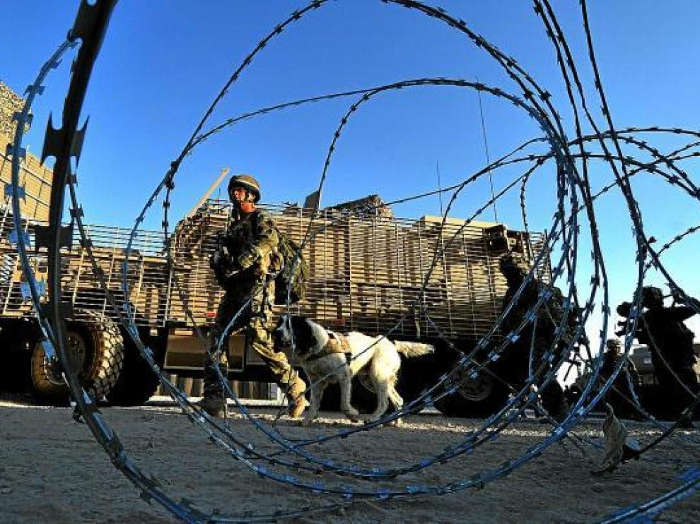 Un soldado británico junto a un perro rastreador de explosivos, ayer en Helmand, Afganistán.