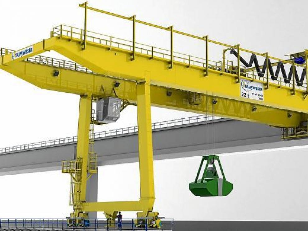 La grúa semi-pórtico con cuchara fabricada por Taim, que será instalada en la refinería murciana de Repsol.